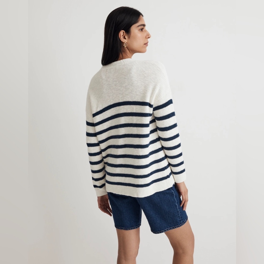 Madewell Striped V-Neck Button Front Cotton Cardigan | Small | Navy & Cream - Picture 4 of 14